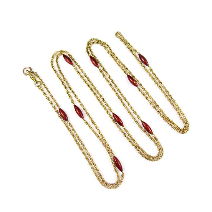 Antique 18ct gold and red enamel long chain necklace